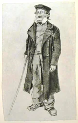 Werkhuisbewoner met schedelkap en stok